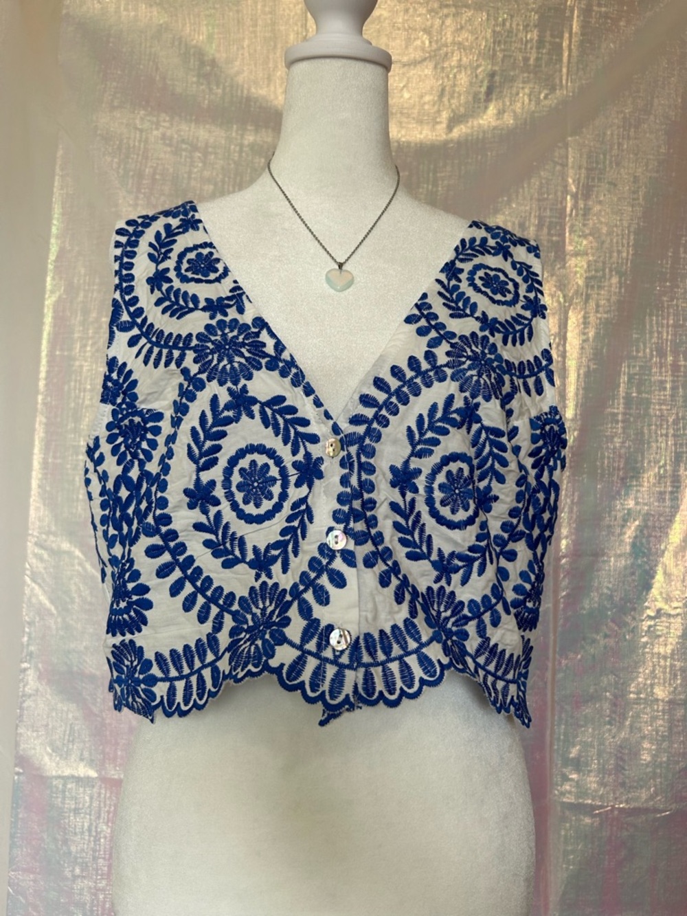 SHEIN White Crop Top with Blue Floral Embroidery